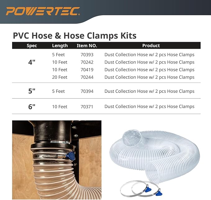 POWERTEC 2-1/2" x 20' PVC Dust Collection Hose with 2pcs Stainless Steel Key Hose Clamps for Table Saw, Band Saw, Router Table, Belt Sander, Woodworking and Wood Shop Dust Collection System (70243V)