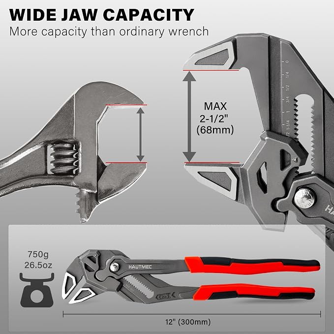 HAUTMEC Adjustable Pliers Wrench, 12-Inch Smooth Jaw Parallel Pliers, Heat-Treated CR-V Steel & Phosphated Rust-Resistant, SAE/Metric Scale, Storage Belt Pouch for Professional Plumbing & DIY