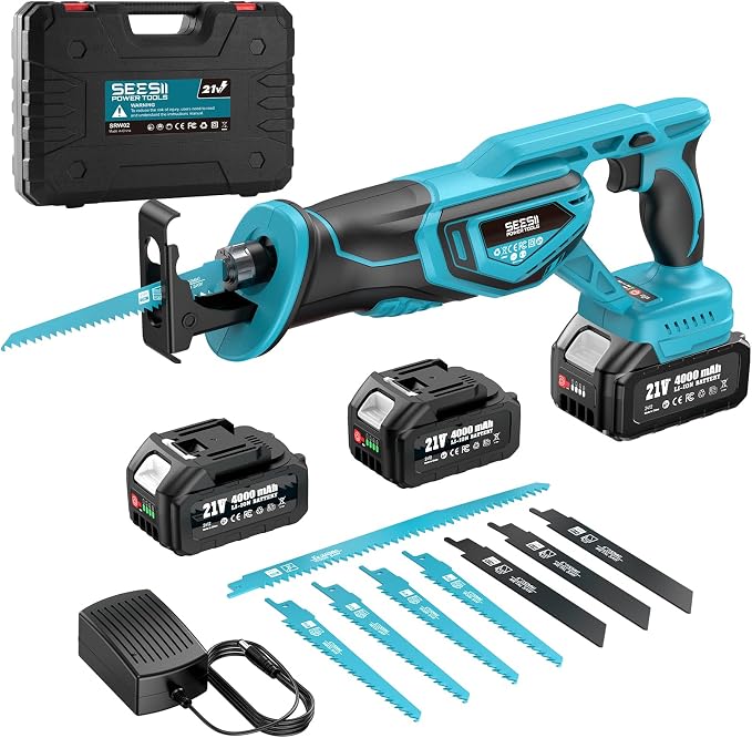 SEESII Cordless Reciprocating Saw, Brushless Motor with 8 Saw Blades | Variable Speed 3500 RPM, 2 x 4.0Ah Batteries, Tool‑Free Blade Change, Adjustable Shoe, for Wood PVC Cutting