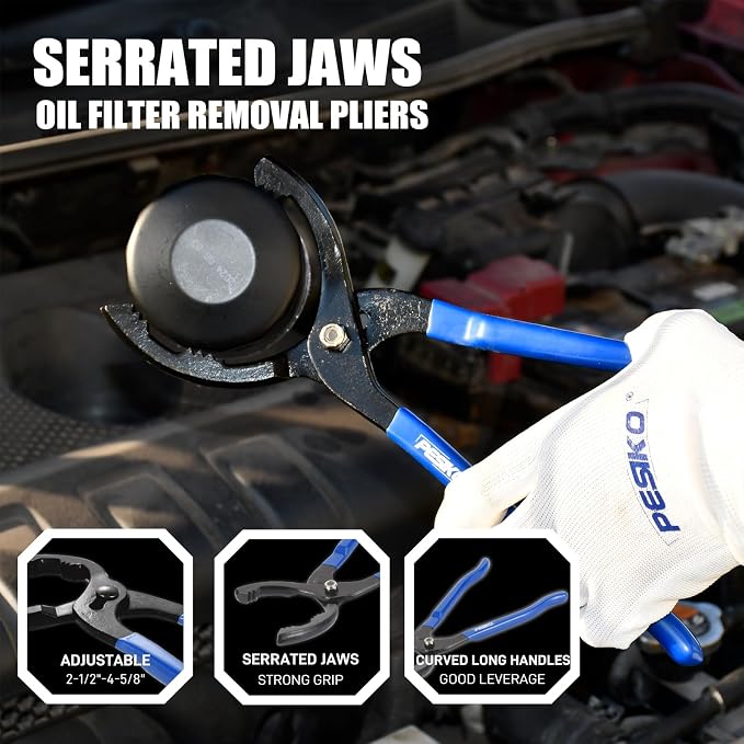 14 Piece Oil Filter Wrench Set, 7pcs Oil Fliter Socket and 64mm Wrench, 4pcs Stainless Steel Swivel Wrenches, 12" Oil Filter Pliers, Universal 3-Jaw Removal Tool, Organized in Storage Case