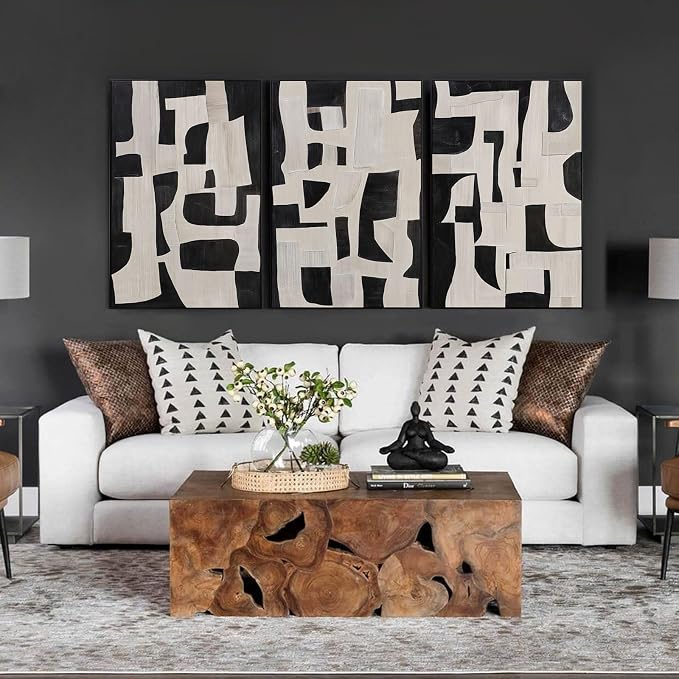 Zessonic Abstract Black and White Wall Art Edgy Blocks Framed Geometry Canvas Print Modern Contemporary Artwork for Living Room, Bedroom, Office Decor - Set of 3, 24x36 Inch (Ready to Hang)