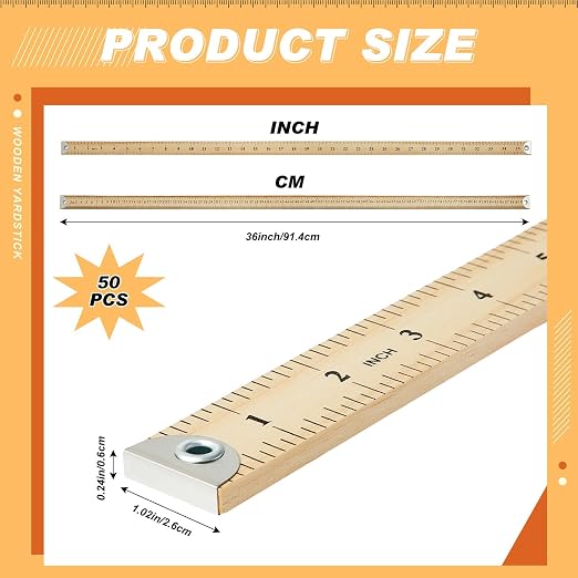 Hoteam 50 Pcs Heavy Duty Wooden Yardstick 36 Inches Natural Wood Yard Stick Ruler with Hang Hole Metal Tips 1/4-inch-thick Yardstick Ruler Metal Ends Meter Stick Clothing Measuring Home Office