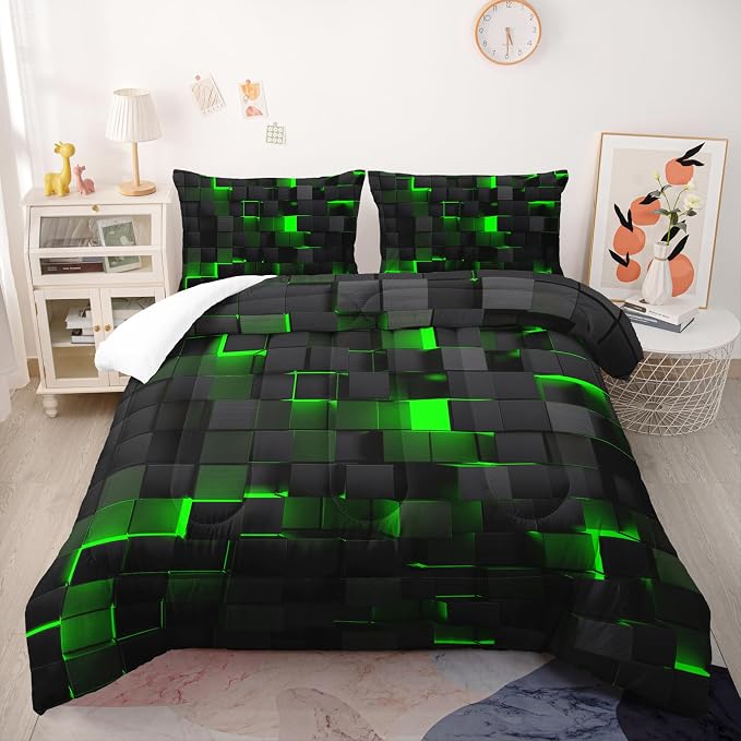 Nttopship Geometric Green Black Comforter Set,Light Honeycomb 3 Piece Bedding Set Twin Size for Teen Boys,Modern Quilt Set Geometry Decor,Microfiber Lightweight 1 Comforter 2 Pillowcases All Season