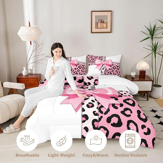 Feelyou Leopard Print Comforter Set King Size Leopard Bow Bedding Set for Kids Boys Girls Animal Fur Duvet Quilt Bedroom Decor Microfiber 3 Pcs with 2 Pillow Cases