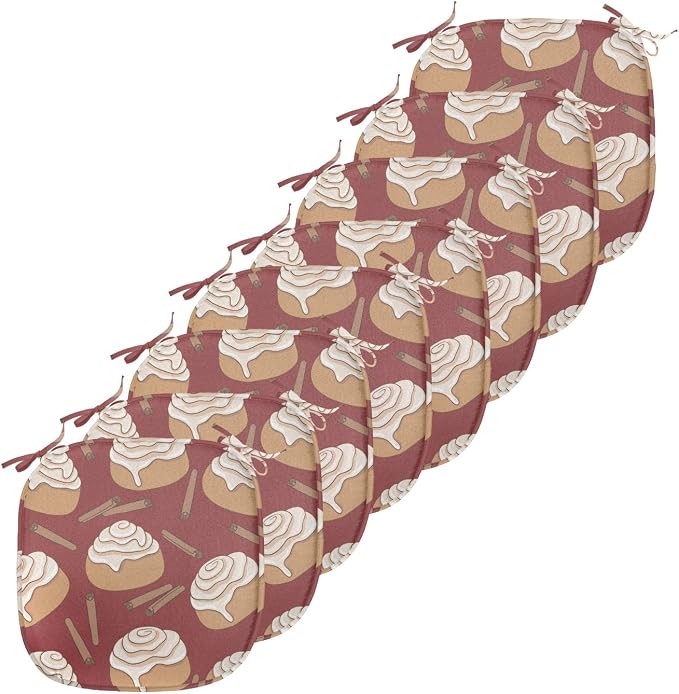 Lunarable Cinnamon Chair Seating Cushion Set of 8, Digitally Generated Delicious Cinnamon Rolls Dessert Patisserie Themed, Anti-Slip Seat Padding for Kitchen & Patio, 16"x16", Pale Maroon and Cocoa
