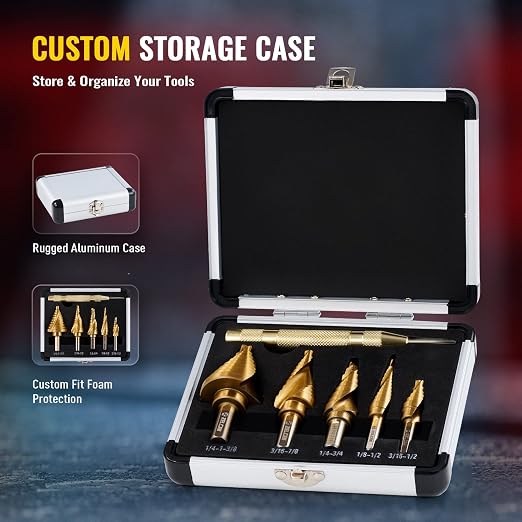 ZELCAN Step Bits for Metal, Step Drill Bit Set 5PCS Titanium, Spiral Grooved with Automatic Center Punch, Step Drill Bit for Metal with Aluminum Case, Multiple Hole Step Bit for DIY Lovers