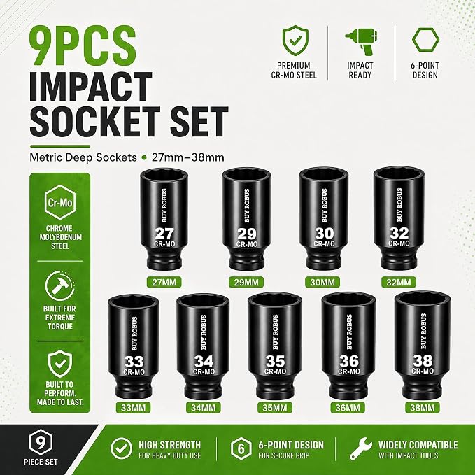 1/2'' 9 PCS Drive Impact Socket Set Metric,12point 27mm 29mm 30mm 32mm 33mm 34mm 35mm 36mm 38mm Socket,Axle Nut Sockets