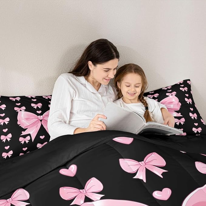 Feelyou Cute Black Pink Bowknot Kids Comforter Set King Size Love Hearts Bow Bedding Set Girly Bow Tie Duvet Quilt for Kids Boys Girls Bedroom Decor Microfiber Ultra Soft Breathable