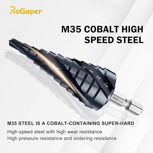 M35 Four Spiral Flute Cobalt Step Drill Bit, 3/16"-7/8" Wear-Resistant TiAlN Coated Four-Flute Step Bit, 1/4" Hex Shank Unibit Step Bit for Metal, Stainless Steel, Aluminum, Wood, Plastic