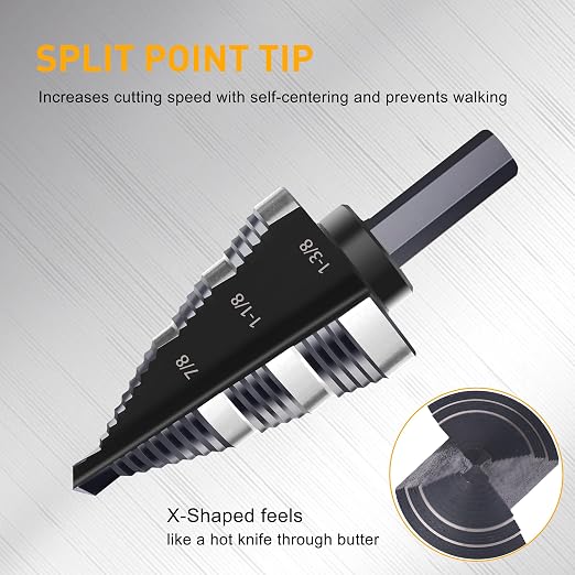 1/4 to 1-3/8 Inch Step Drill Bit, M2 High-Speed Steel Double Fluted Drill bits, Straight Grooved Step Drill Bit for Hole Drilling in Stainless Steel, Copper, Aluminum, Wood, Plastic