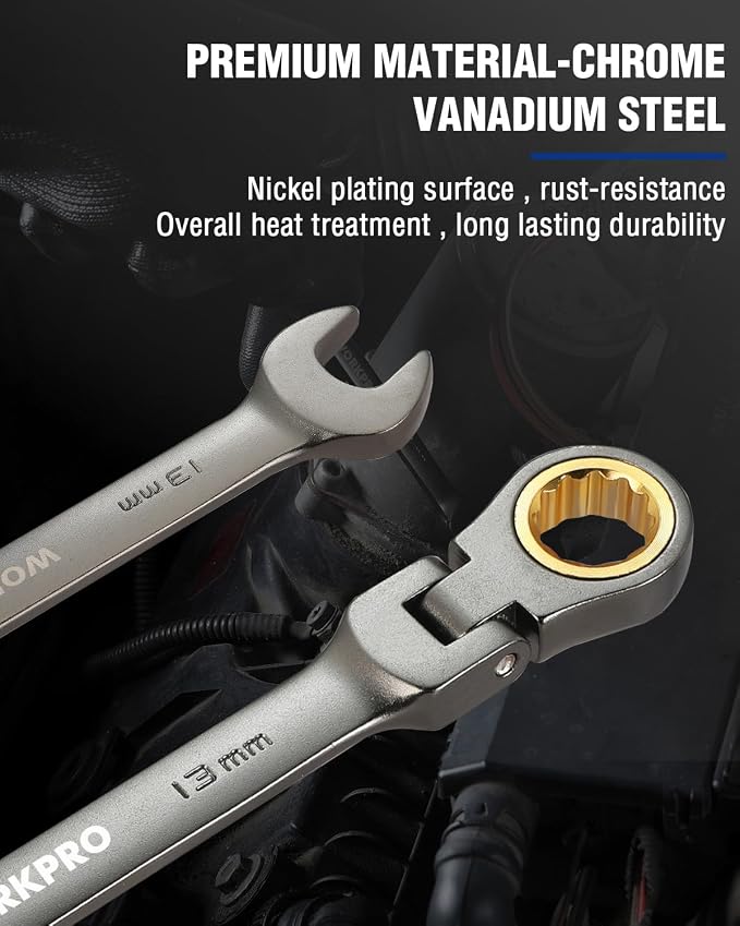 WORKPRO 13 mm Flex-Head Ratcheting Combination Wrench, Nickel Plating | Cr-V Constructed, 72-Teeth, 12 Point Design, Metric, For Home Improvement, Auto Repairs, Plumbing, Constructions, Machinery