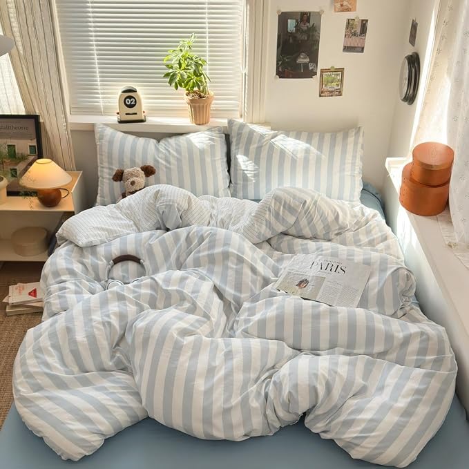 Sedefen Striped Duvet Cover Queen Size, 3 Pieces Grey White Stripe Bedding Set Kids Boys Girls, Retro Geometry Stripes Patterned Soft Microfiber Duvet Cover Set