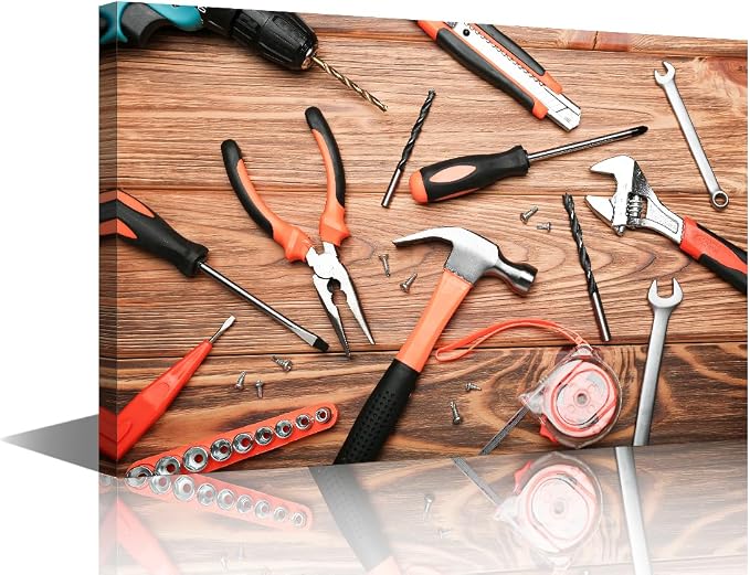 Large Wall Decor For Living Room 1 Piece Wooden Table Old Tools Canvas Wall Art Screwdriver Gloves Pictures Print Artwork for Repair Shop Decor Wooden Framed Gallery Artwork Gifts (24" Wx36 H)