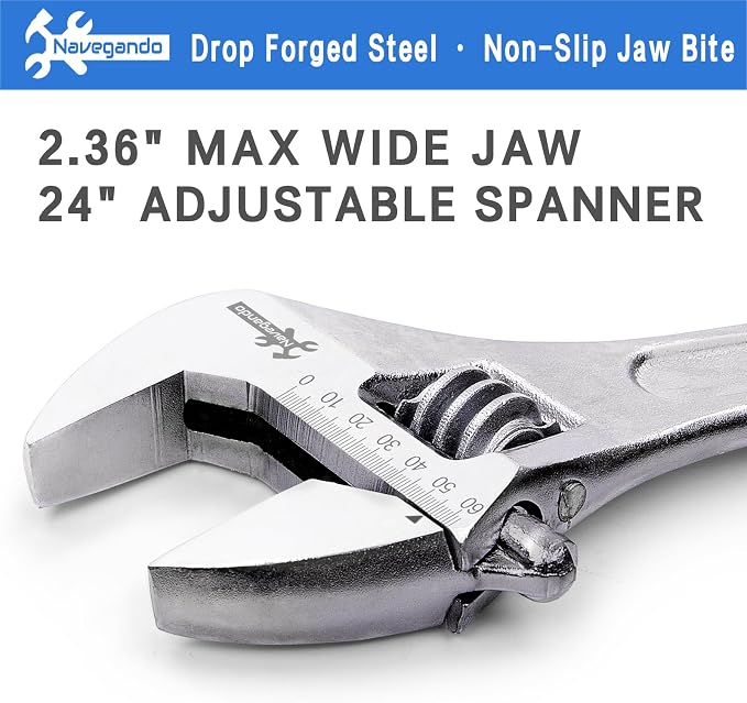 Navegando 24 Inch Large Heavy Duty Adjustable Wrench, 2.36 Inch Big Jaw Opening, High Titanium Steel Forged Industrial Long Handle Wrench for Automotive, Construction, Farm Repair