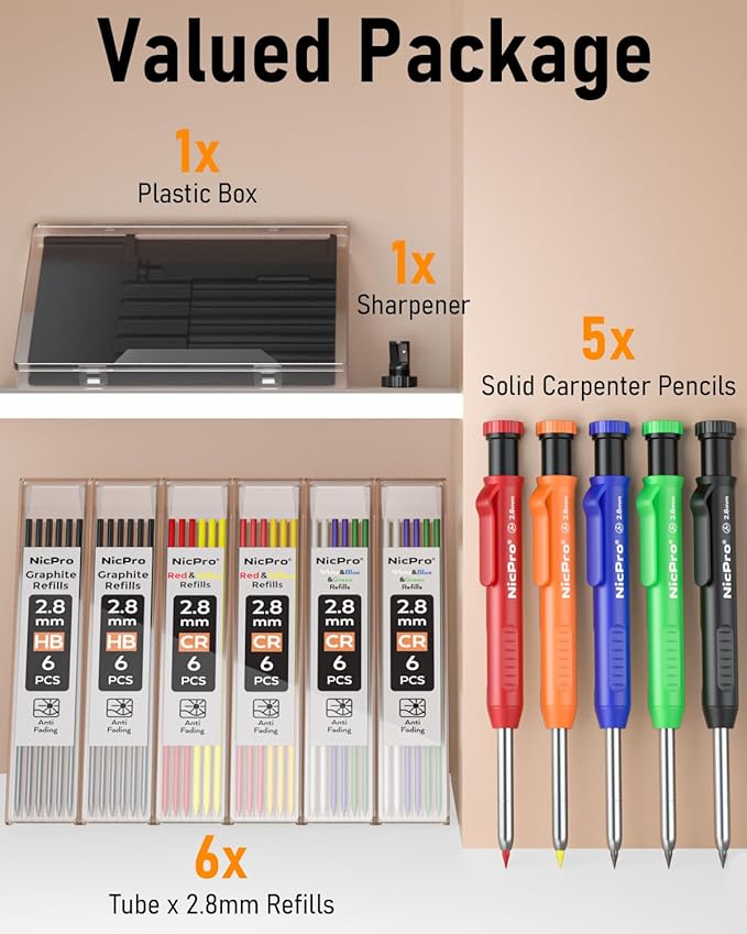 Nicpro 5 Pack Carpenter Pencil with Sharpener, Mechanical Carpenter Pencils with 41 Refills, Construction Pencil Heavy Duty Woodworking Pencils for Architect (Red, Black, Orange, Blue, Black)