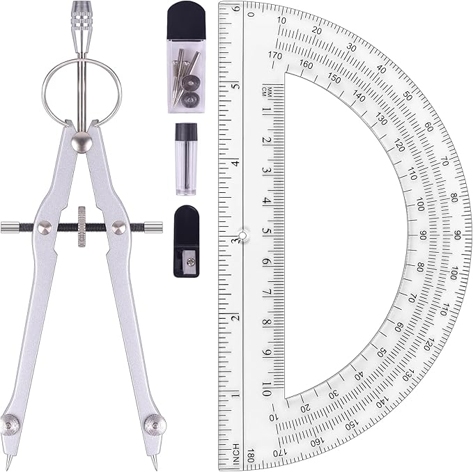 Unjoo Compass and Protractor Set, Professional Drawing Compass Tool, Metal Compass with Extra Refills, Compass for Geometry and 6 Inch Math Protractors 180 Degree (Silver)