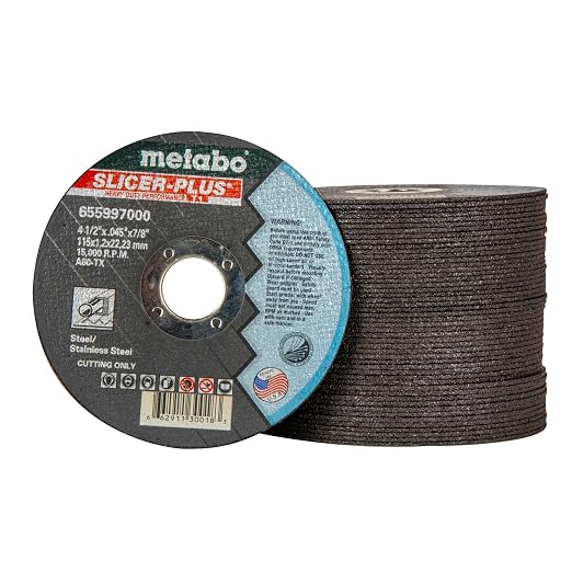 Metabo 655997000 50-Pack | 4-1/2-inch Slicer Plus Cutting Wheel | Type 1 | 4.5" x .045" x 7/8" | A60TX | Zirconia Alumina | Super Performance | Improved Performance in Steel, Stainless Steel