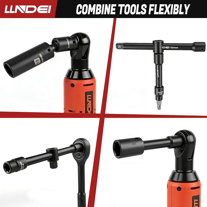 LLNDEI 3/8" Cordless Electric Ratchet Wrench Set 52Pcs | 40FT-LBS Torque, Variable Speed, LED Light, Includes Sockets & Adapters, Ideal for Automotive Repair, DIY Garage