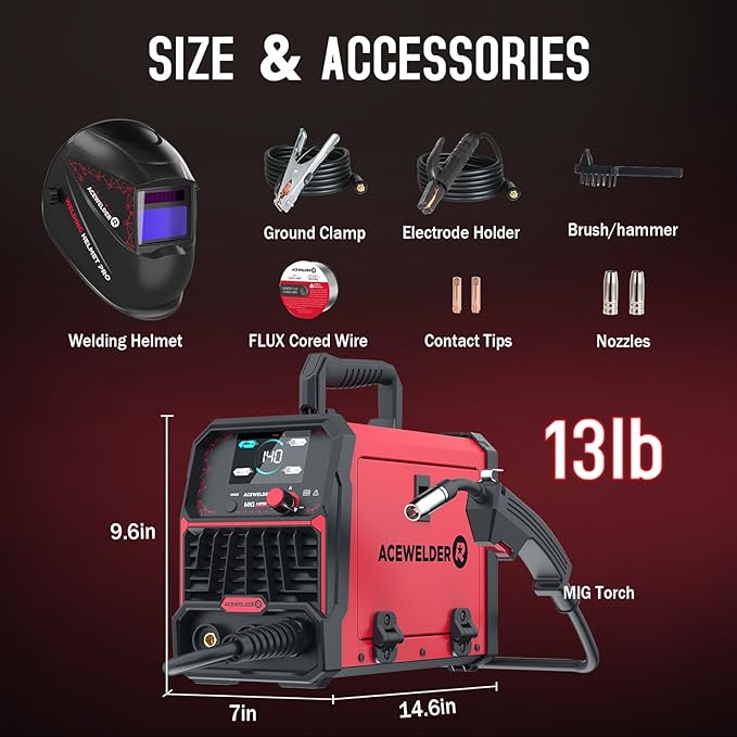 ACEWELDER 140A MIG Welder, 3 in 1 Flux Core, MIG/LIFT TIG/Stick Welding Machine 110V Portable IGBT Inverter Synergic Control, LED Display with Welding Helmet