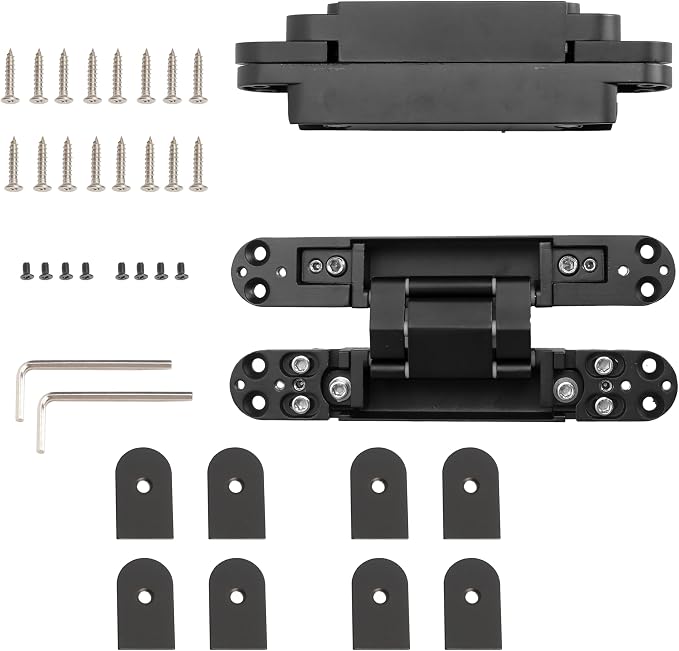 2-Pack 7 inch Black Hidden Door Hinges Heavy Duty, Zinc Alloy Invisible Hinges, Concealed 180 Degree Swing Hinge, 3 Way Adjustable Butt Hinge