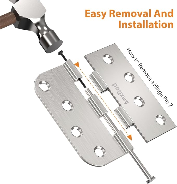 3 Pack Brushed Nickel Door Hinges, 4 Inch Exterior Door Hinges with Square & 5/8" Radius, 4 in Satin Nickel Heavy Duty Residential Front and Back, Removable Pin & No Squeaks