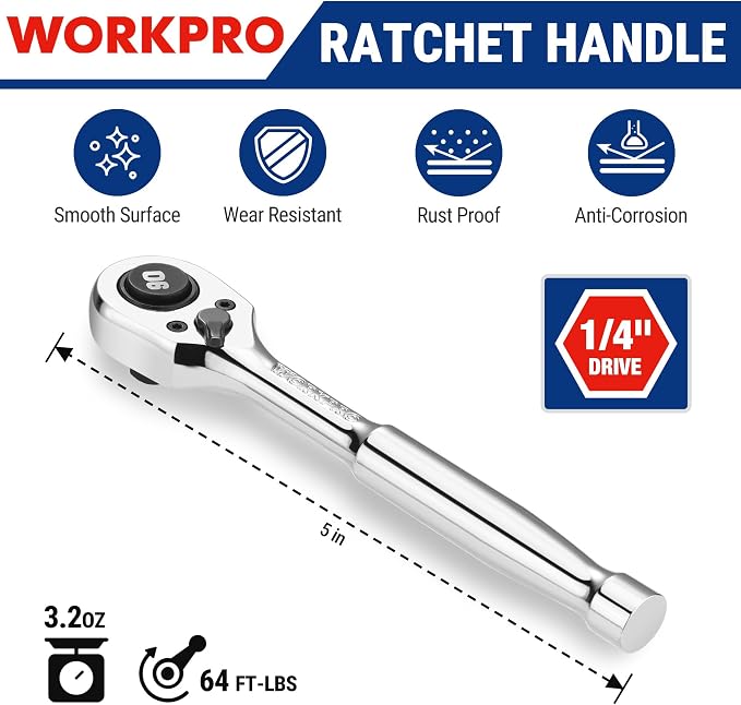 WORKPRO 1/4-Inch Drive Low-Profile Ratchet, 90-Tooth Ratchet Wrench | Quick-Release Socket Wrench for Men Women, Reversible, 4° Swing, CR-MO Compact Drive Head, Full Polished