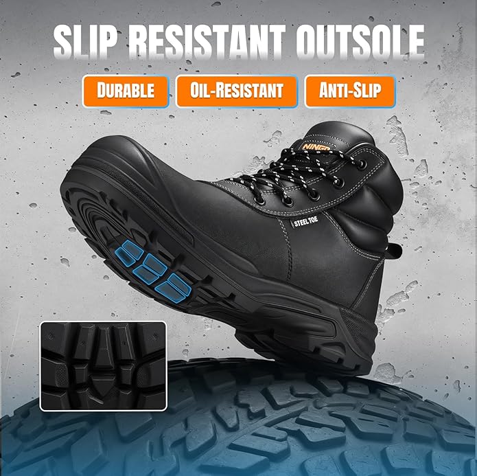 NINGO Steel Toe Work Boots for Men, Non Slip & Puncture Resistant Construction Boots with Breathable Lining, EH Protection, Comfortable Mens Safety Leather Work Shoes for Industrial, Walking Warehouse