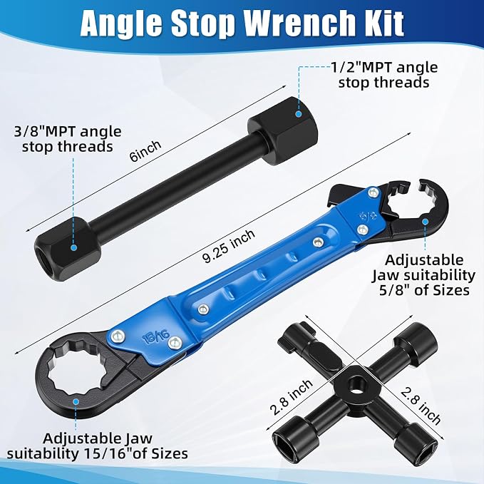 5 Pcs Angle Stop Wrench Kit Plumbing Tool, Compression Sleeve Puller for 1/2" Compression Fitting Ferrule Puller Removal Tool for 1/2" Copper Tubing 4-way Multi-functional Utility Key(Blue)