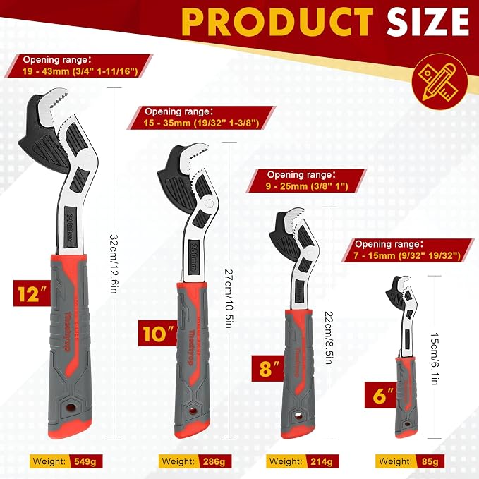 Multifunctional Self locking Wrench, Self Adjusting Pipe Wrench, 10 Inch Plumbers Wrench for (15-35mm) 19/32”-1 3/8”Nuts, Irregular Nuts, Pipes Use, Chrome Vanadium Alloy Steel (10 In)