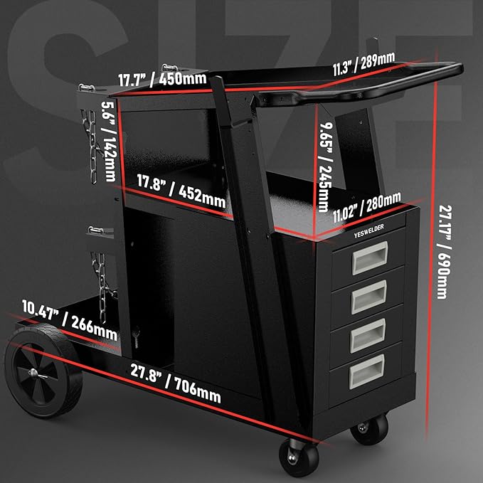 YESWELDER 2-Tier Welding Cart with 4 Drawers, Heavy Duty Large Storage Welding Trolley with 360° Rolling & Safety Chains for MIG TIG Welder and Plasma Cutter