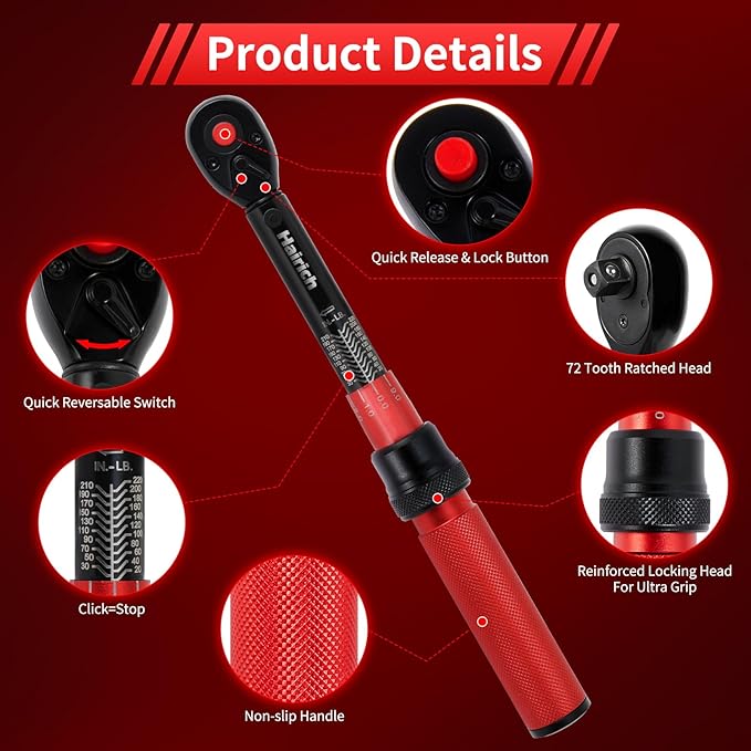 Hairich Torque Wrench Bicycle,1/4 inch drive 2.3-24.9 N.M/20-220IN.LB, Bike Torque Wrench Set,30PCS Click Torque Wrenches with 1/4 Ratchet Wrench, Extension Bar, Sockets for Bicycle