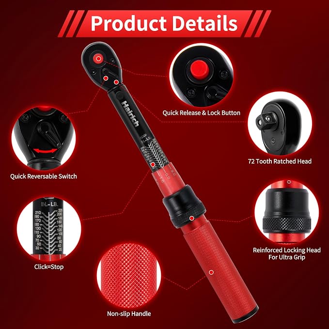 Hairich Torque Wrench Bicycle,1/4 inch drive 2.3-24.9 N.M/20-220IN.LB, Bike Torque Wrench Set,30PCS Click Torque Wrenches with 1/4 Ratchet Wrench, Extension Bar, Sockets for Bicycle
