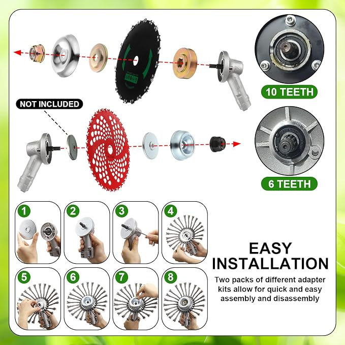 Duraaamo 7 Pcs Brush Cutter Kit Include 9" x 36T Carbide Tipped Blades, 9" x 20T, 8" x 40T, 10" x 3T, 10" x 6TBlades with Adapter Kit, 10 Inch Steel Wire Rotary Head and Trimmer Head Replacement