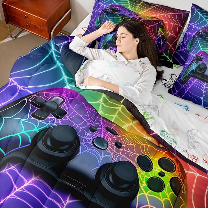 Erosebridal Game Consoles Bed in a Bag King Size Comforter Set 7 Pieces,Rainbow Spider Web Gamepad Bedding Set,Gamer Comforter and Sheet Set Gothic Cobweb Bed Set,Gaming Decor for Boys Bedroom Decor