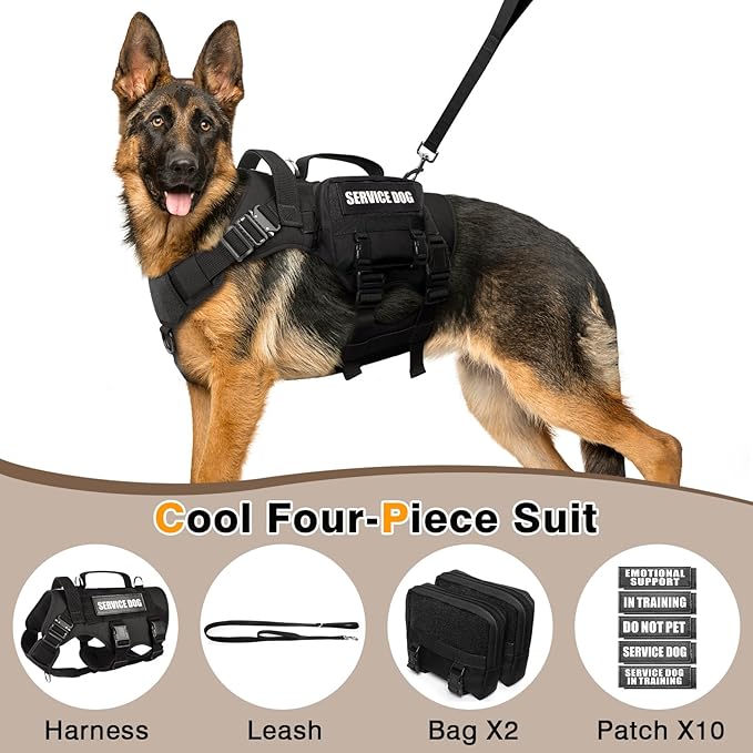 Tactical Dog Harness with Dog Leash, Service Working MOLLE Vest with 10 Pet Patches for Medium Dog, No Pull Military Harness and Backpack for Training Hunting Walking