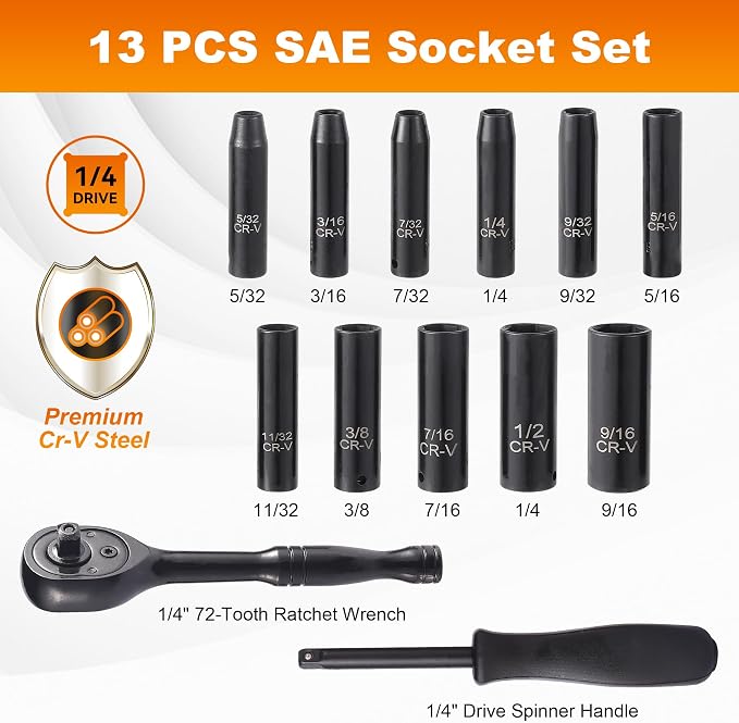 Reniteco 13-Piece 1/4" Drive Socket Set, SAE 3/16"-11/32", 72-Tooth, Cr-V | Deep Sockets, 6-Point Design, Drive Spinner Handle, Cr-V Steel, Ideal for Small Fasteners & Tight Spaces