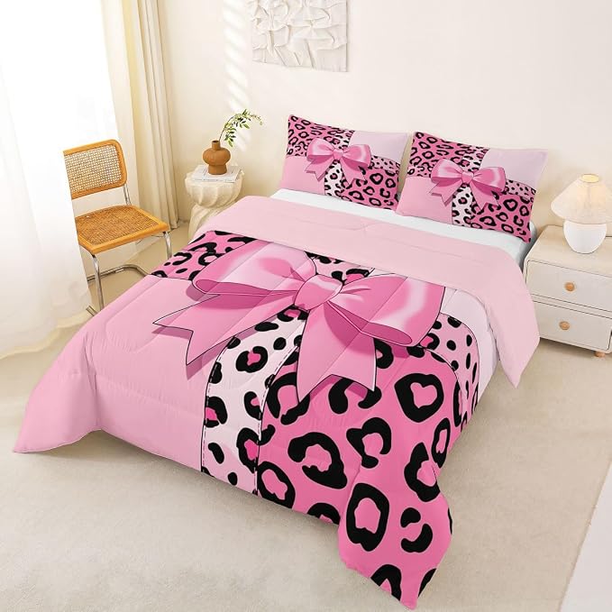 Feelyou Pink Leopard Print Comforter Set All Season Cheetah Bow Bedding Set with 2 Pillow Cases Animal Fur Microfiber Kids Full Bedclothes Bedroom Decor Duvet Quilt Breathable Soft Lightweight