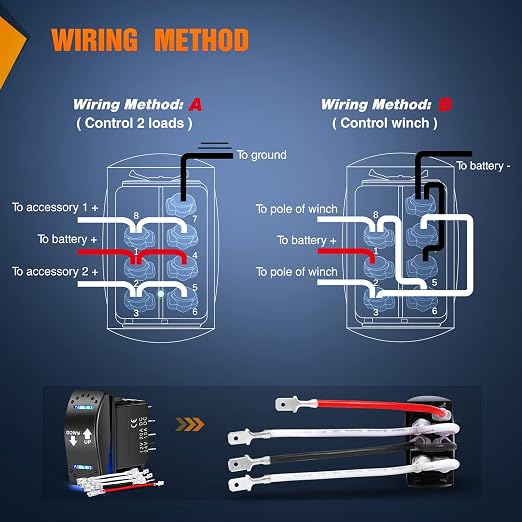 Nilight Down Up Polarity Reverse Switch DPDT 20A 7PIN Momentary Rocker ON/Off/ON 12V 24V Toggle Jumper Wires for Control Motor Hoist, Crane, Linear Actuator