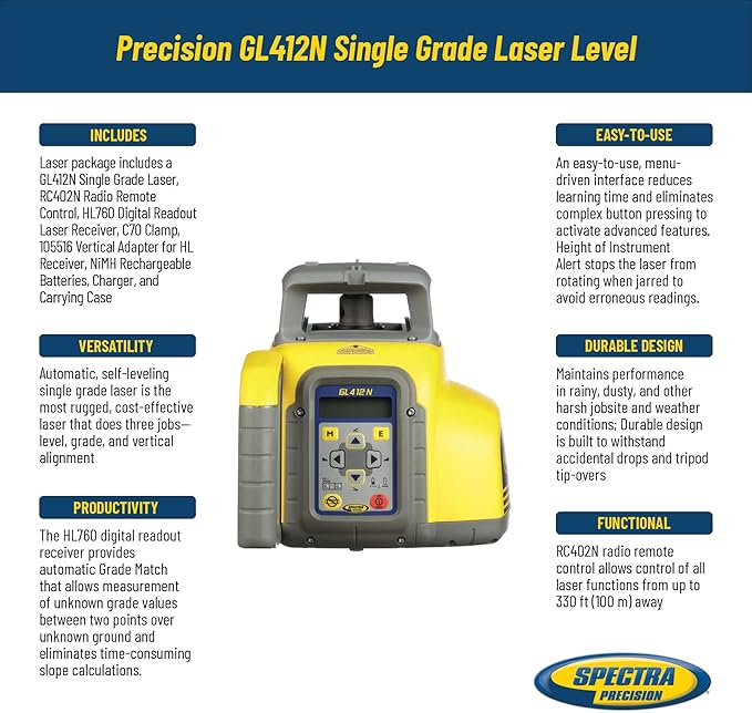 Spectra Precision GL412N Single Grade Laser with HL760 Receiver, RC402N Remote & Vertical Adapter – ±1/16″ Accuracy, 2,600 ft Range, Professional Small Case - Rugged Design