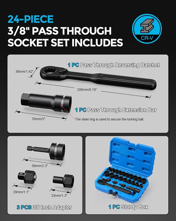 24 Pcs 3/8" Pass Through Socket Set, SAE/Metric Go-Thru Ratchet Kit | Hollow SAE/metric sockets clear long threaded rods, including a 72-tooth ratchet, extension bar, and 3/8" adapters