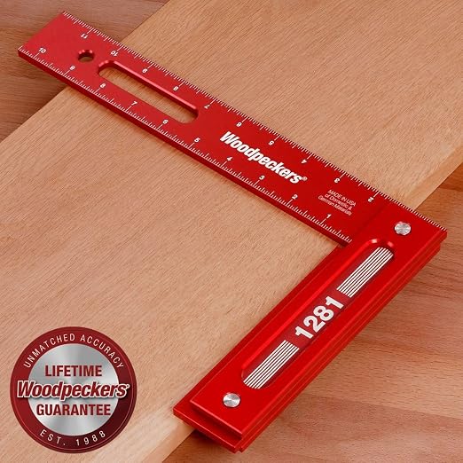 Woodpeckers Precision Woodworking Square, 12 Inch, Aluminum, USA Made, Feature Packed Square, Self Standing, Shoulder Lip, Laser Engraved Scales