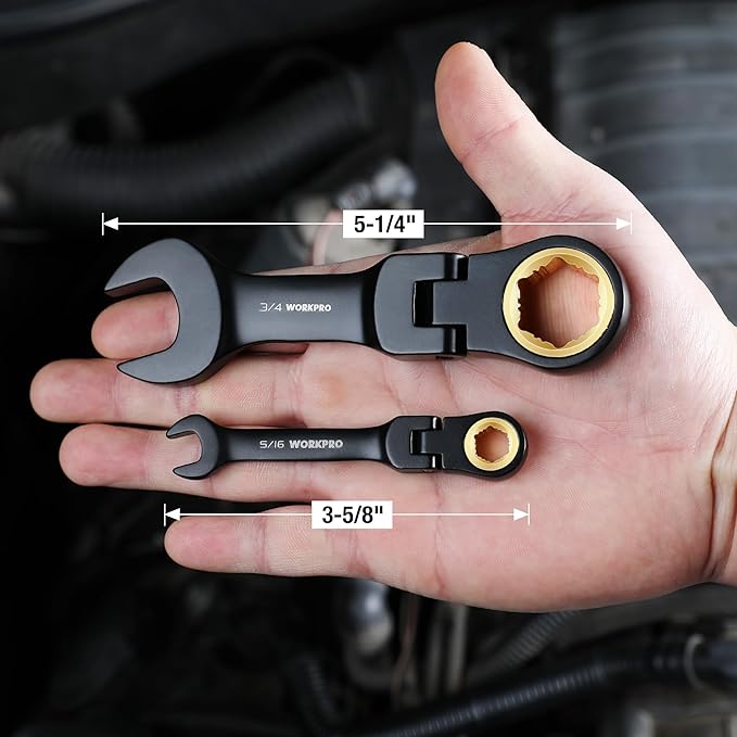 WORKPRO 8-Piece Stubby Flex-Head Ratcheting Wrench Set, SAE 5/16-3/4 in | Anti-slip, 72-Teeth, CRV, Black Electrophoretic Coating, for Mechanics, DIYers and Home Repairs, Includes Rolling Pouch