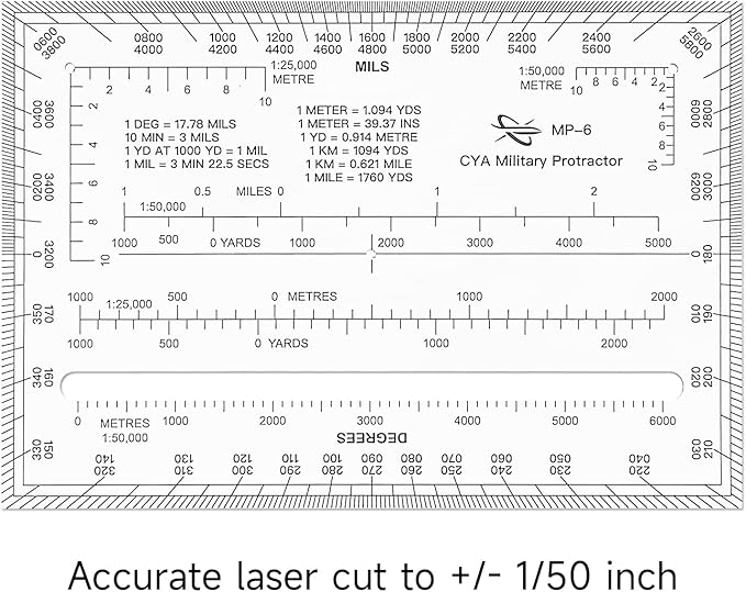 CYA Square Military Map Coordinate Scale Protractor Map for Land Navigation, Military Style UTM/MGRS Coordinate Scale