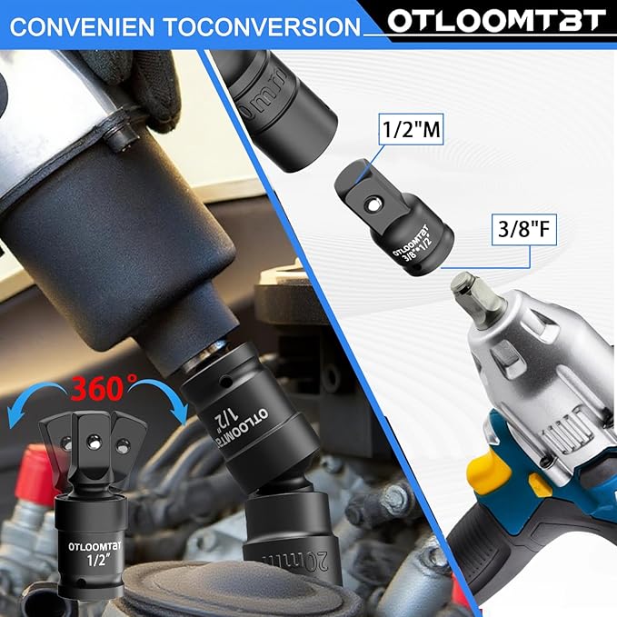 OTLOOMTBT 32PCS 1/2" Drive Impact Socket Set - Heavy Duty Industrial-Grade Deep Sockets, Metric/SAE Full Set with Extension Bar, Cr-V Steel Corrosion-Resistant Coating & Premium Storage Case
