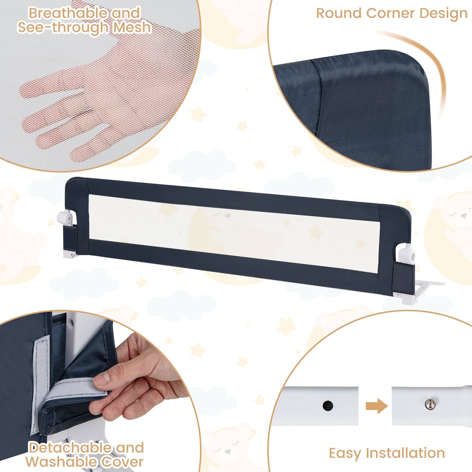 71-Inch Foldable Bed Rail Swing Down Baby Bed Guard Rail with Adjustable Safety Strap