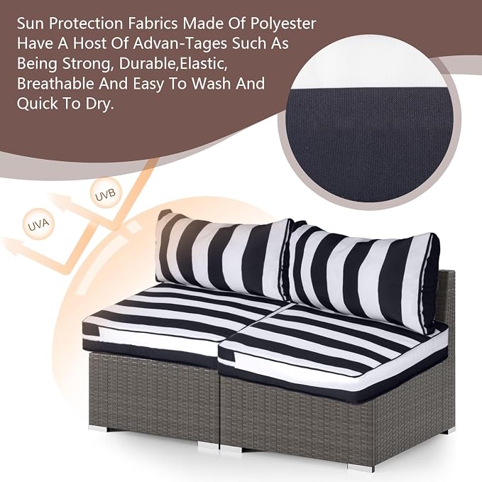 14 Piece Outdoor Furniture Replacement Cushions, Cover+Filling, 25.6" x 25.6" x 4" Foam Waterproof Outdoor Sofa Cushion Sets, Fit Wicker Rattan Sectional Conversation Set, Grey Black Stripes