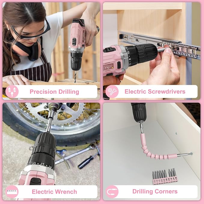 Sundpey 206PC Portable Basic Home Tool Kit Set with 12V Cordless Drill Pink