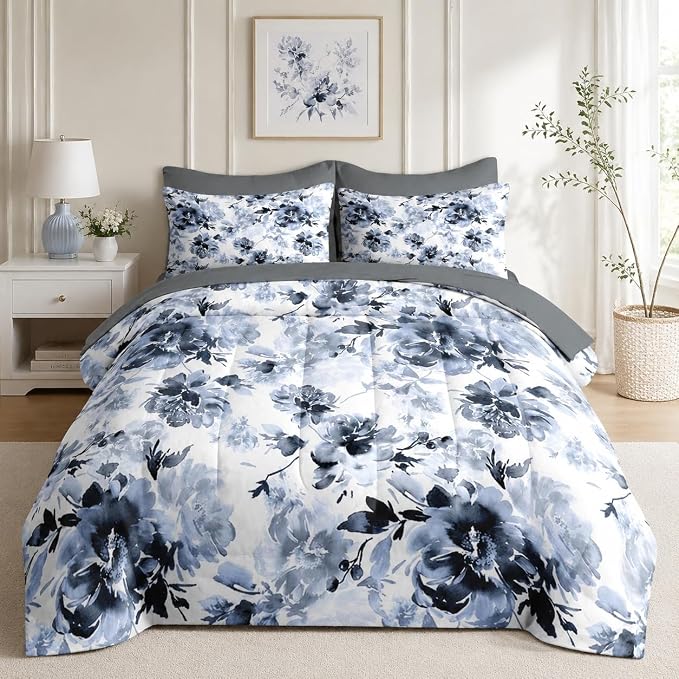 Nesker Comforter Set Queen Size, Navy Blue Floral 7 Pcs Bedding for Kids and Adults, Blue White Abstract Bed Sheet Sets with Fitted Sheet 2 Pillowcases & 2 Shams