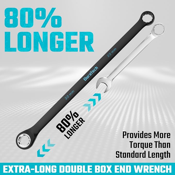 DURATECH Extra Long Ratcheting Wrench Set, Double Box End, Metric, 9-Piece | 8mm-22mm, CR-V Steel, Black Electrocoat, Blue Size Markings, Corrosion Resistance, for Narrow Spaces, with EVA Foam Organizer