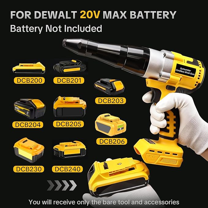 Cordless Rivet Gun Tool for Dewalt 20V Max Battery, Brushless Electric Automatic Rivet Gun with 1/8" 5/32" 3/16" Rivets & LED Light, Pop Rivet Gun Kit for Auto Repair, Construction & DIY (Tool Only)